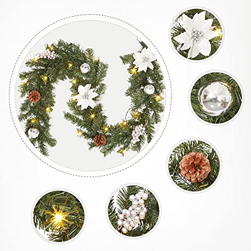 Artificial Lighted Christmas Garland, 6 FT Battery Operated Xmas Garland with Lights, White Flower and Sliver Berry Decorations Garland for Fireplace Banister Fence Decor