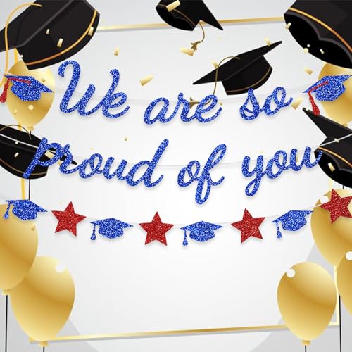 Image of We Are So Proud Of You Banner Graduation Party Decorations Glitter Congratulations Class Grad Ideas Blue Red