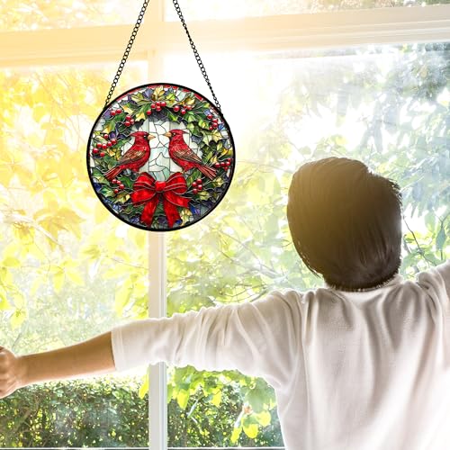 Image of DASTOLL Stained Glass Window Hanging - Cardinals Green Wreath Suncatcher for Doors Home Christmas Decoration Red Bird Sun Catcher Thanksgiving New Year Birthday Gift for Women Men Mom Nana 6.3 in
