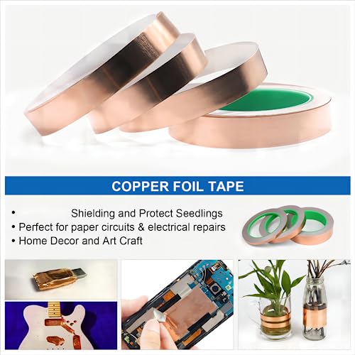 Image of BOMEI PACK Copper Foil Tape 3 Pack (1.97mil x 1inch 1 /2inch 1 /4inch x 66ft) with Conductive Adhesive for Electrical Repairs, Guitar, Stained Glass, Paper Circuits