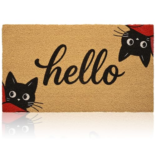 Gifeas Front Door Mat for Entrance 17x30 Hello Black Cat Welcome Mats with Heavy Duty Backing for Outdoor Indoor Faux Coco Coir Doormat for Outside Porch Garage Farmhouse Home Funny Decor