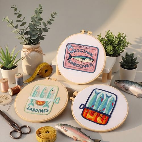 Image of Mindsoft 3 Set Needlepoint Kit for Beginners with Hoop,Sardine