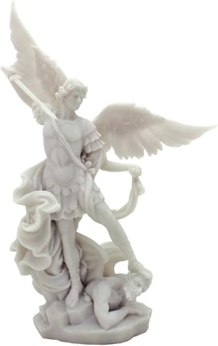 Top Collection Estatua de San Miguel de Arcángel Blanco – Michael Arcángel del Cielo derrotando a Lucifer en acabado de mármol blanco de primera