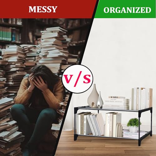 Image of Modern 2 Tier Tall Narrow Metal Bookshelf for Home | Floor Mount Steel Rack Shelf | Book Organizer & Storage Rack | Book Shelves Cabinet for Living Room, Study & Office