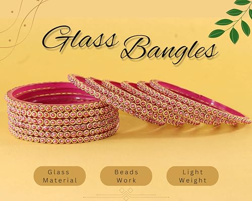 Image of NMII Glass Golden Beads & Pearls Moti Work Designer Bangles Set For Women & Girls | Kanch ki Chudi Set | Girl's Bangles Bracelet | Glass Bangles | Daily, Wedding, Party, Fashion Jewellery- Set of 12