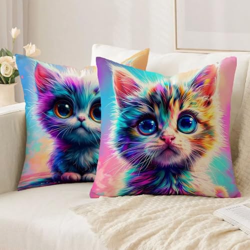 Housse coussin 75x75cm lot de 2 taie oreiller imperméable extérieur carré lin chat