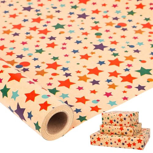 HBell Stars Wrapping Paper Roll 43cm*10m Colorful Star Wrapping Paper Colored Kraft Gift Wrapping paper for Birthday Christmas Baby Shower Party Festive Decorations