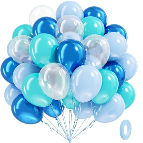 Image of BAUANOOY Ocean Balloons, 60pcs 12 Inch Turquoise Balloon Transparent Balloons Metallic Blue Teal Blue Balloon for Under the Sea Party Baby Shower Wedding Shark Party Decorations
