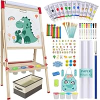 Easel for Kids,Adjustable Wooden Art Easel for Kids,114+ Art Supplies,Double Sided Magnetic Chalkboard and White Board for Kid,Drawing and Painting for Aged 2-4,5-7,8-12,2 Paper Rolls