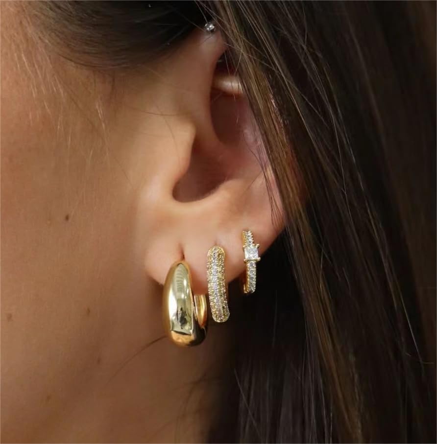 ASCOMY 3 Pairs Gold Hoop Earrings for Women Gold Earrings Set Twisted Huggie Hoops Earrings 14K Gold/White Gold Plated Lightweight Hypoallergenic Chunky Open Hoop Earrings Set Jewelry Gifts for Women4