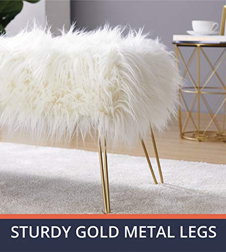 Ornavo Home Modern Contemporary Faux Fur Long Bench Ottoman Foot Rest Stool/Seat With Gold Metal Legs - 15" L X 45" W X 15" H (White) #TOP5