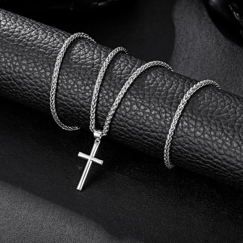 Speroto Silver Cross Necklace for Men, 925 Sterling Silver Mens Cross Pendant with Wheat Chain, Simple Jewelry Gift for Men Women3
