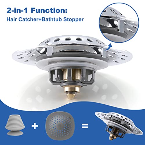 Upgraded Tub Stopper With Hair Catcher - 2 In 1 Pop Up Bathtub Stopper, Brass Tub Drain Stopper With Anti-Clogging Strainer, Tub Drain Plug With Metal Hair Trap, Only Fit For 1.65-2 Inch, Chrome #TOP2