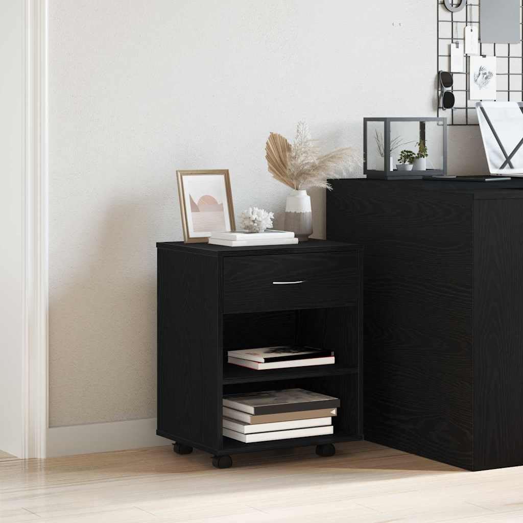 Mobiletto da Ufficio con 2 Cassetti 46x36x59 cm Rovere Nero | Cassettiera compatta in legno ingegnerizzato con 2 ripiani e maniglie in acciaio, adatta per studio e soggiorno.