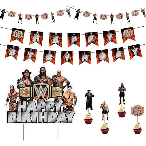 WWWE Theme Birthday Party Supplies Wrestling Birthday Decorations for Boys Party Pack Wrestler Cake Toppers Banners & Garland - Birthdays Decoration Set.