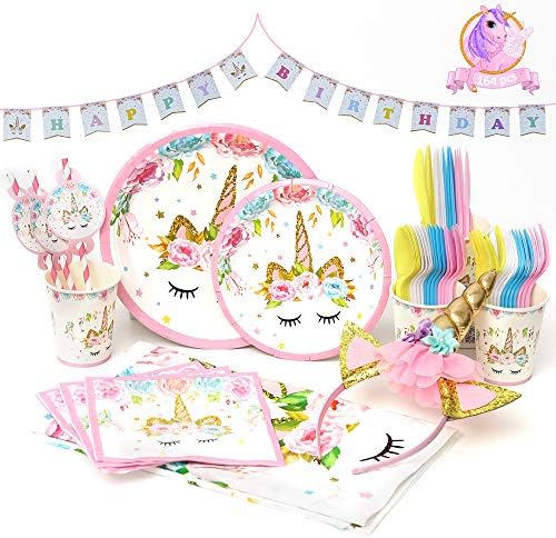 Qivange Unicorn Party Supplies - 164 Pcs Unicorn Themed Party Favor Set for Kids Girls - Unicorn Plates, Cups, Napins, Bunting Banner, Knives Fork Set and Headband - Serves 16 Guests