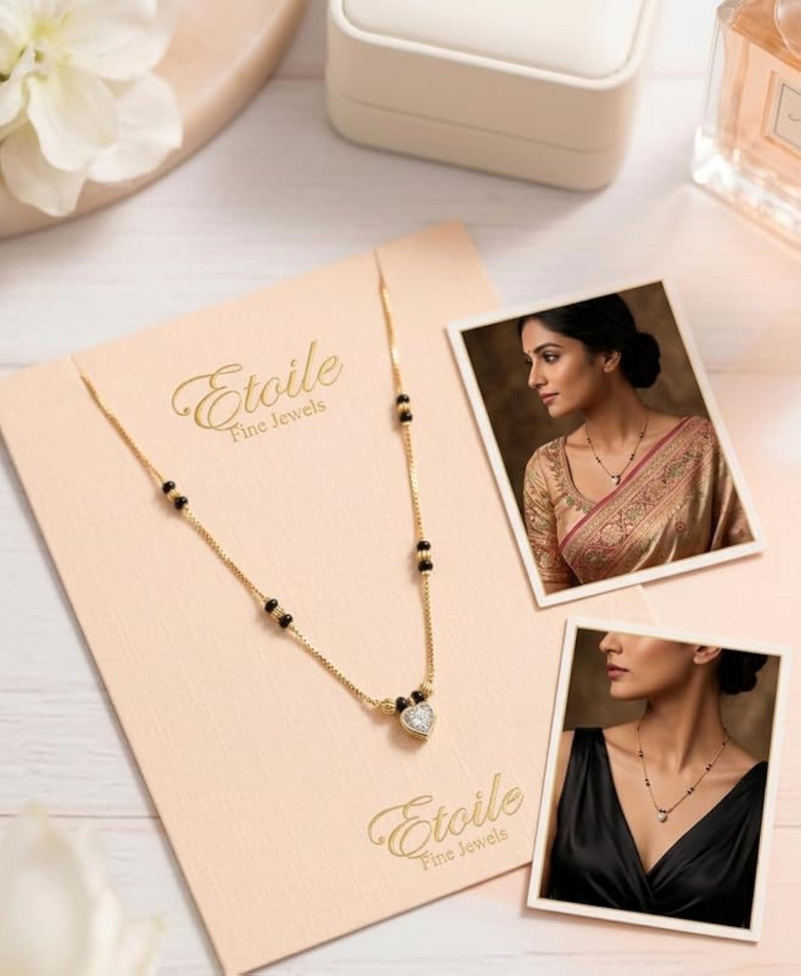 Women's Elegant Gold Plated Heart Pendant Black Bead Mangalsutra