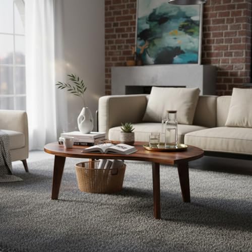 Image of Sheesham Wood Coffee Table for Living Room | Organic Shape Center Unit with Curved Edge Top | Japandi Mid Century Modern Wooden Tea Furniture with Tapered Legs |Contemporary Cocktail Piece| Teak Brown