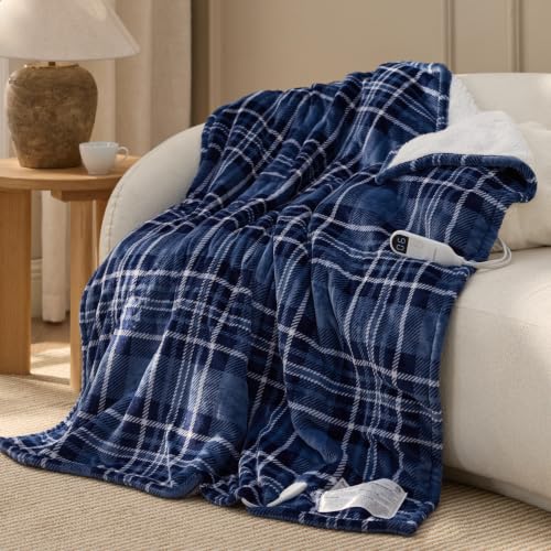 Image of Bedsure Blue Plaid Heated Throw Blanket, Flannel Sherpa Electric Blanket