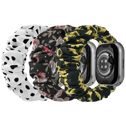 [MABEKS] コンパチブル アップルウォッチ バンド 交換ストラップ 3本セット エラスティック伸縮バンド iWatch Ultra2 Ultra SE2 SE シリーズ9 8 7 6 5 4 3 2 1に対応 可愛い 女性 女の子向け (L-38mm/40mm/41mm, ホワイトドット・レッド花・ヒマワリ)