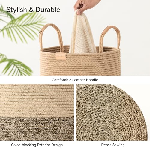 Nunsino 75L Striped Laundry Hamper with Leather Handles,Large Foldable Laundry Basket for Clothes,Cotton Rope Storage Bin for Blankets,Woven Clothes Basket for Bedroom,Dark Brown Stripes by Nunsino - Image 6