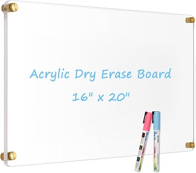 Large Clear Acrylic Dry Erase Board, 20" X 16" Golden Non-Magnetic Frameless Clear White Board for Wall, Erasable Acrylic Board for Wall, Home, Office, School, 2 Markers