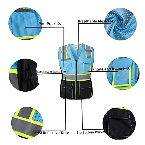 Jkwearsa Safety Vest For Women,High Visibility Reflective Work Vest With Multi Pockets And Zipper,Blue And Black,X-Large #TOP6
