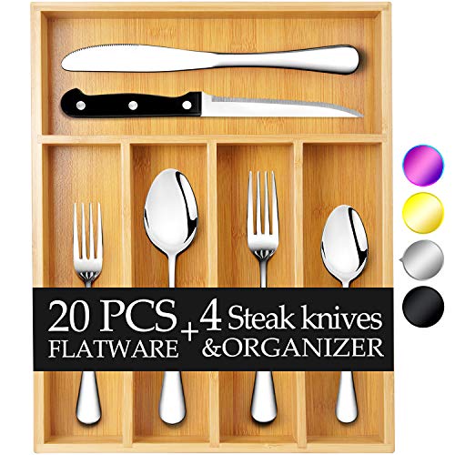Teivio 24-Piece Silverware Set, Flatware Set Mirror Polished, Dishwasher Safe Service for 4