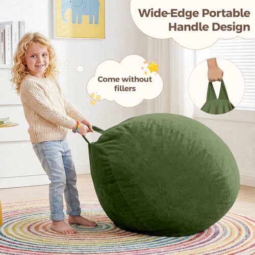 Image of Stuffed Animal Storage Bean Bag Chair Cover for Kids (No Filler), Soft Comfy Velvet Beanbag Chair Cover Machine Washable,Kids Bean Bag Chair with Handle for Living Room Bedroom Dorm,Dark Green