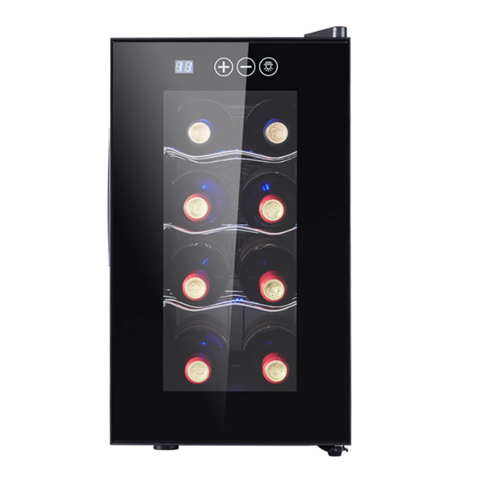 Enfriador Cava de Vinos para 8 Botellas con Panel de Control Digital, Evita Vibraciones, Iluminación LED, 8-18℃ Nevera Vinos con Estantes Extraíbles, 23L, Vinotecas Pequeñas, Negro
