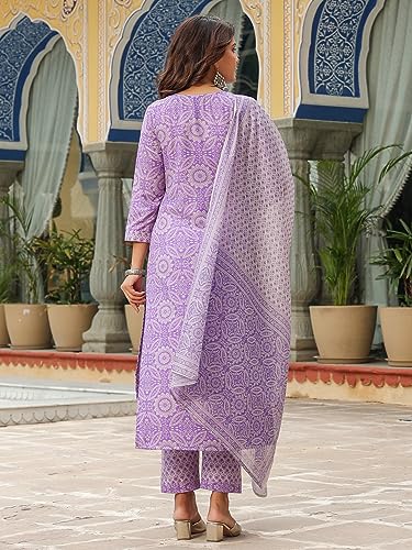 Image of GoSriKi Women's Cotton Blend Straight Printed Kurta with Pant & Dupatta
