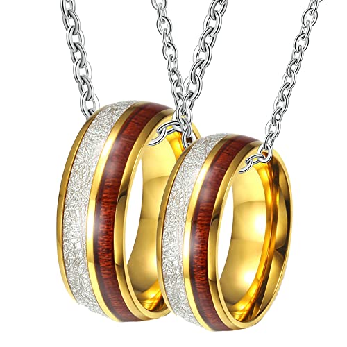 Ayoiow Collier Couple Personnalisable, Collier Homme Acier Inoxydable Bague en Or De 8MM Incrustée De Bois Collier Chaîne Femme