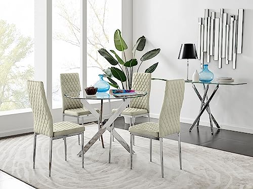 Furniturebox UK Novara 100cm Round Dining Table and 4 Cream Velvet Milan Chairs