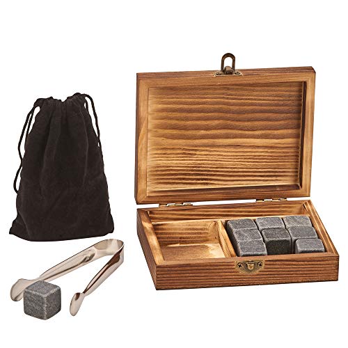 Creative Gifts International Whiskey Stones & Tong Set in Keepsake Box, Dust Bag Pouch Included for Safe Storage, 9 Stones Total