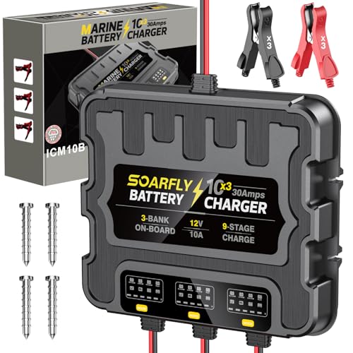 3 Bank Marine Battery Charger, 12V 30A (10A/Bank) Smart Waterproof Onboard Boat Battery Charger, Battery Maintainer & Desulfator for SLA/AGM/Lithium (LiFePO4), Calcium and Deep-Cycle Batteries