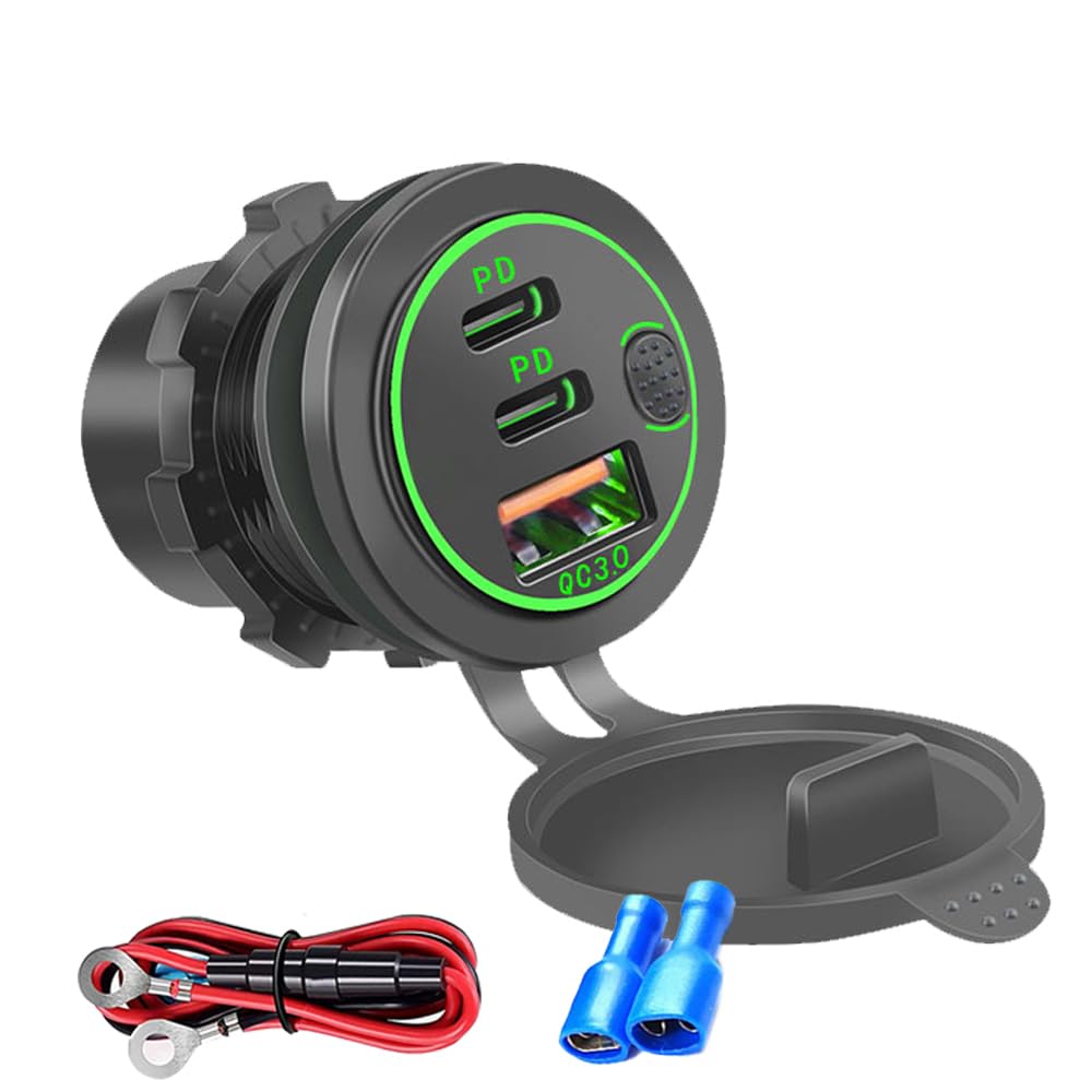 Cargador de coche USB de 3 puertos de 18 W con interruptor, 12 V-24 V QC 3.0 USB y doble PD USB C, cargador de carga rápida impermeable para coche, motocicleta, camión, barco marino (verde)