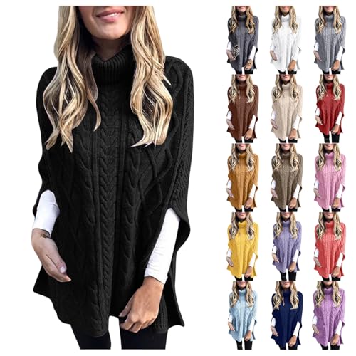 Womens Turtleneck Poncho Sweater Chunky Cable Knit Sweater Fashion Side Slit Shawl Top4