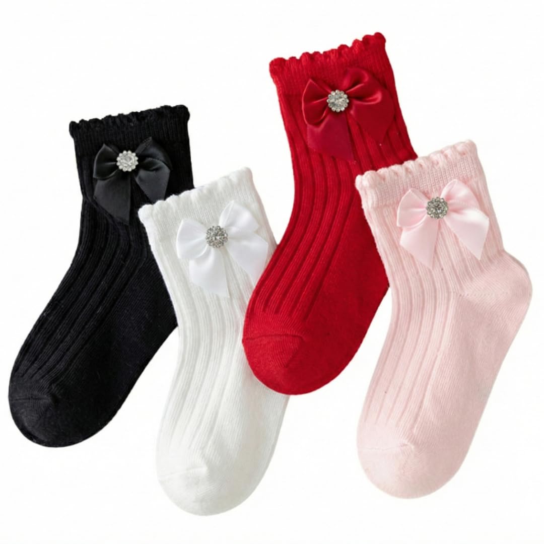 lyonardo Baby Girl Toddler Socks with Bows | Ruffle Frill Ribbed Crew with Rhinestone | Cute Princess Dress Wear Socks (Pack of 4)-picture-39