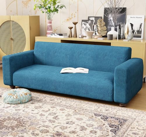 Image of Lukzer 4 Seater Blue Lining Design Universal Sofa Cover | 360 Fully Covered Anti-Slip Washable Couch Cover Protecter | 140 GSM Stretch Fit Polyester + Spandex Slipcover (230-300cm /SC-022-04)