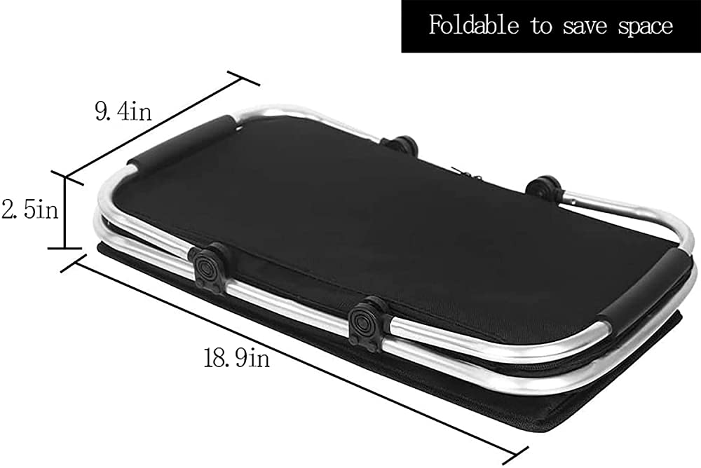 Cesta De Picnic, Robusto Marco De Aluminio De 32L con Forro Bolsa Térmica Plegable con Cremallera Y Asa, Adecuada para Viajes Y Vacaciones De Campamento-Nero