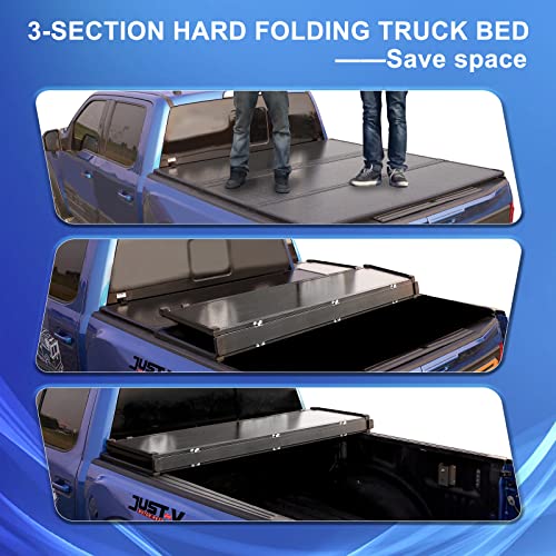Image of Just-V Hard Tri-Fold Truck Bed Tonneau Cover for Ford F150 2015-2026 Crew Cab Pickup 5.5FT Bed (Excl. Raptor Series), Upgrade Solid FRP Textured Black