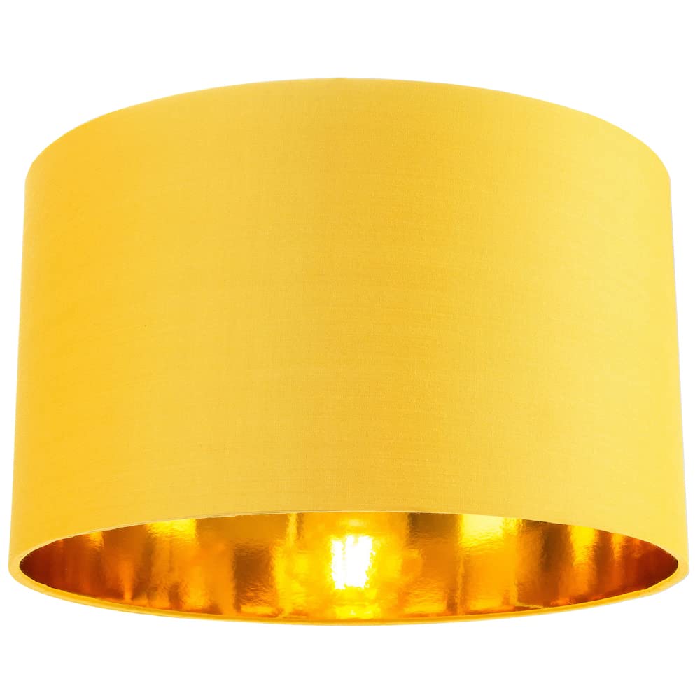 Contemporary and Chic Ochre Cotton 14" Table, Floor or Pendant Circular Drum Lamp Shade with Shiny Gold Inner - 60watt Maximum by Happy Homewares