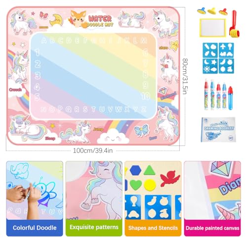 Image of PATPAT Water Doodle Mat 40 X 32 Inches, Unicorn Magic Drawing Mat with 5 Pens, 4 Tracing Boards, 4 Seals, 1 Album, No Mess Educational Toy for Kids Toddlers Girls Boys Age 3-8 Birthday DIY Gifts