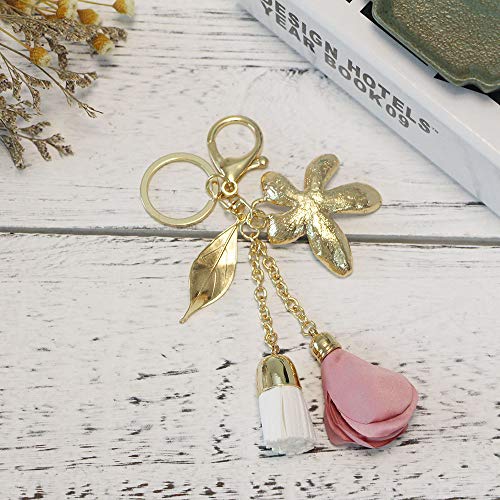 Swjewel Flower Keychain Rhinestone Tassel Leaf Key Ring Women Wallet Bag Pendant Charms (Gold-Pink) #TOP6