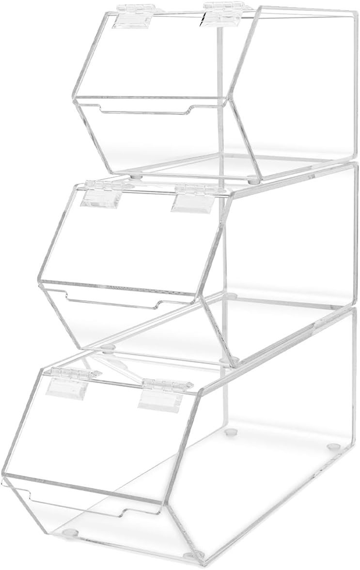 Marketing Holders Stackable Candy Bins 3 Piece Small Medium and Large Storage Caddys with Hinged Lid for Ice Cream Toppings Candies Nuts Granola Cereal and Wrapped Snacks Clear Acrylic
