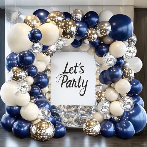 Image of Navy Blue Silver Balloon Arch Kit, Pearl White,129 pcs,Different Size