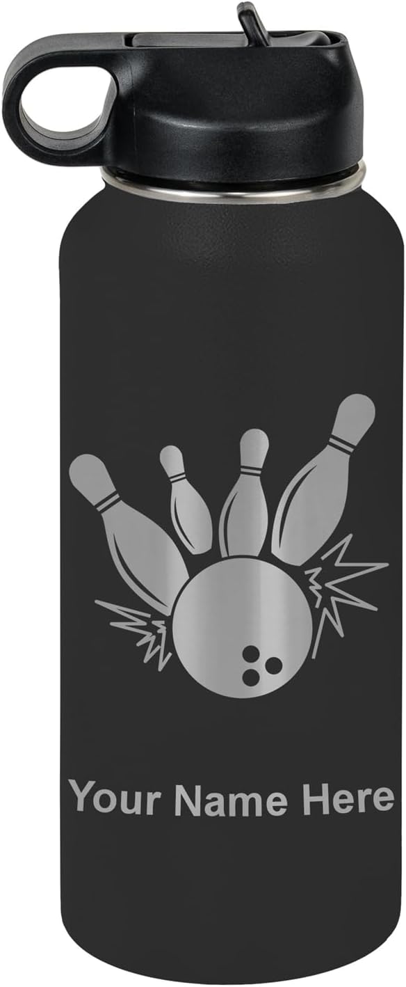 LaserGram Personalized Water Bottle, Bowling Ball and Pins, Stainless Steel Double Wall Vacuum Insulated with Flip Top Straw, Custom Engraved Gift (32oz / 950ml Black)