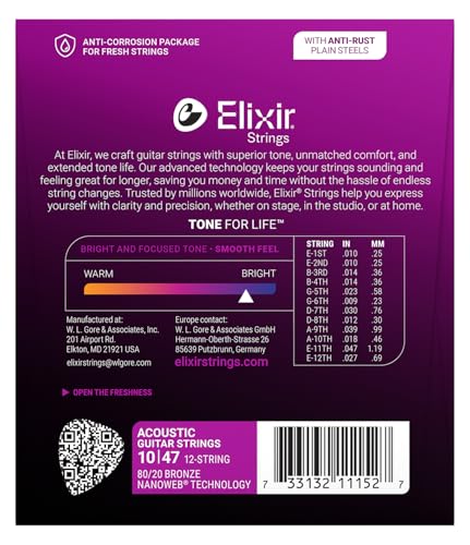 Image of Elixir Strings, Acoustic Guitar Strings, 80 /20 Bronze with NANOWEB Technology, Longest-Lasting Bright and Focused Tone For Life with Comfortable Feel, 12 String Set, Light 10-47
