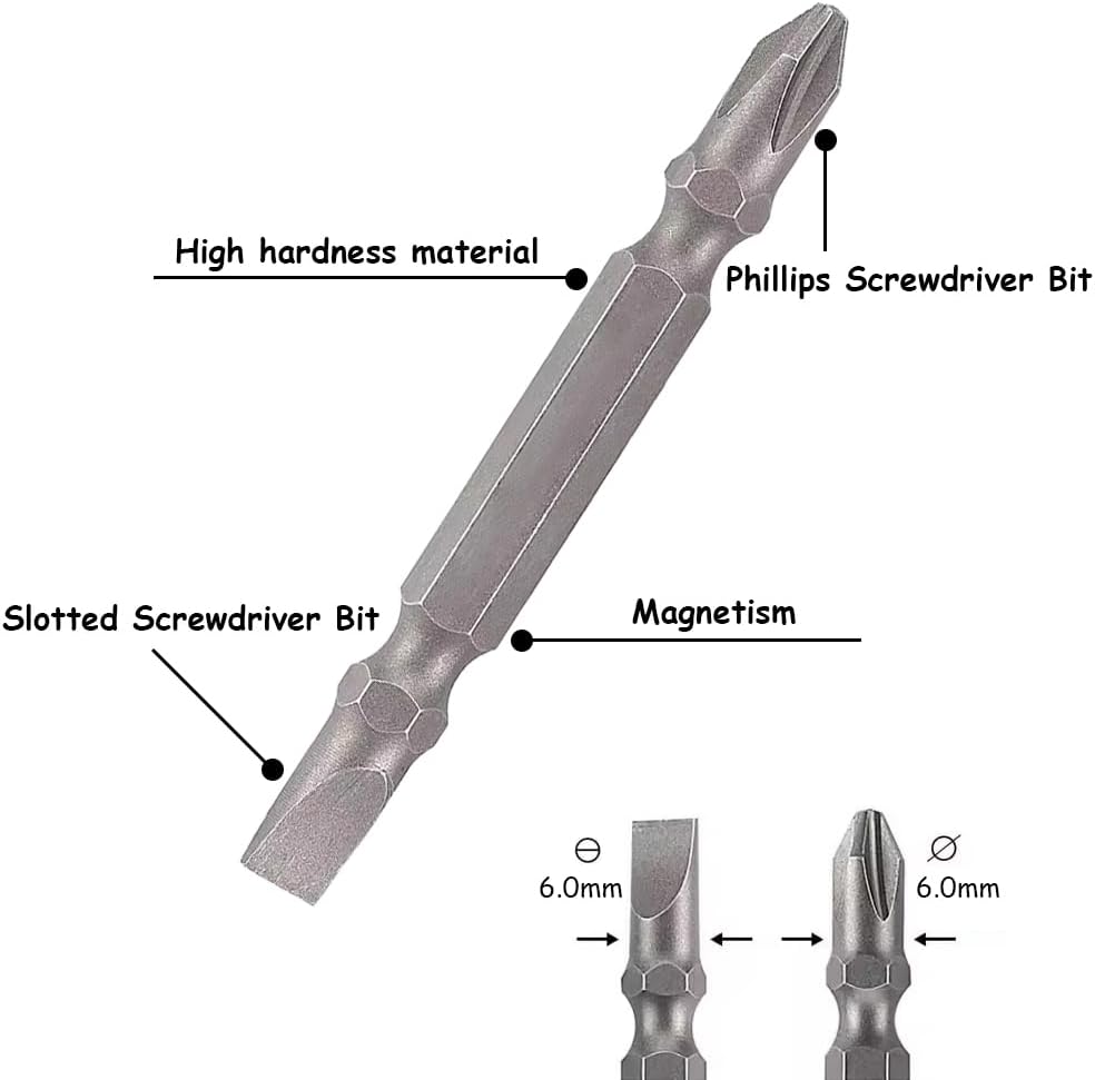 10Pcs PH2/ SL6 Magnetic Double Ended Screwdriver Bit S2 Steel Power Tool Double Ended Drive Bits 1/4 Inch Hex Shank 2 Inch/50mm Length Impact Driver Bit Set