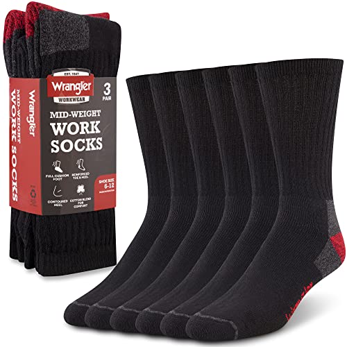 Wrangler Men’s Midweight Outdoor Work Socks, Cushioned, Arch Support, Size 6-12, Recycled Cotton, 3-Pack